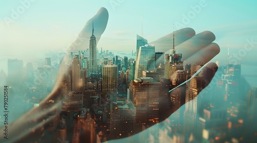 Conceptual image of a city cradled in a hand. Surreal urban dreamscape, blending nature with architecture. Ideal for environmental and urban planning themes. AI