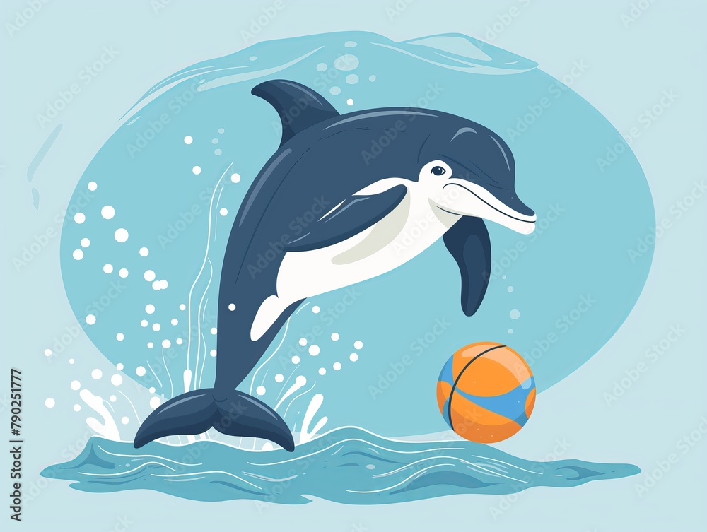 Fototapeta premium illustration Playful Dolphin Leaping Towards a Beach Ball Over Ocean Waves