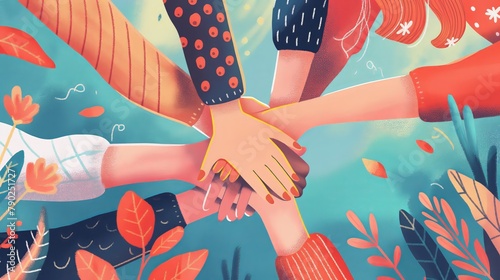 Colorful Illustration of Diverse Hands United in Solidarity Against a Floral Background photo