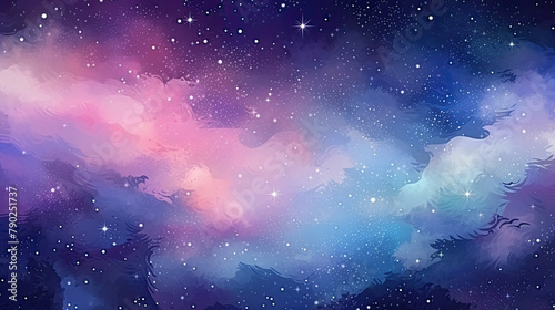 A painting of a starry sky with a purple and blue hue. Watercolor illustraition is of galaxy with many stars and a few clouds with dreamy and peaceful mood