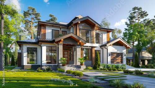 Modern two-story house with wooden elements, white walls and brown wood windows on the front facade © Kien