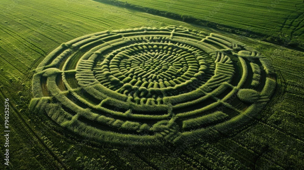 Aerial view of a round maze in the middle of a field Aerial view of a round maze in the middle of a field