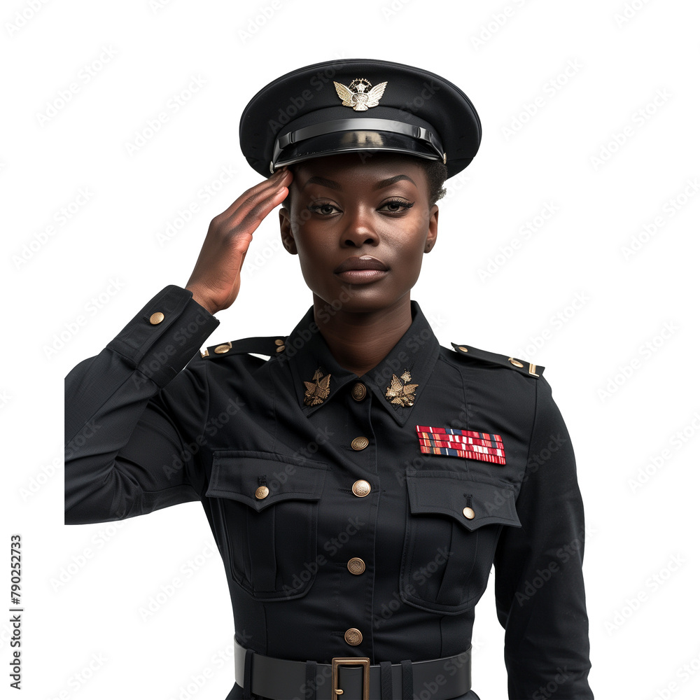 Confident military officer saluting in uniform on transparent background Confident military officer saluting in uniform on transparent background
