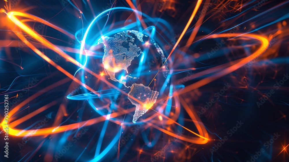 Digital Illustration of Earth with Glowing Networks and Energy Lines. Futuristic Technology Theme. Perfect for Science and Global Communications Concept. AI