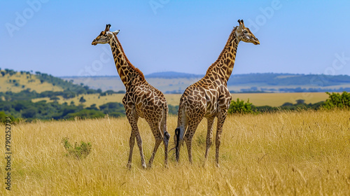 two giraffes standing together in the grass and on blue skies © HillTract