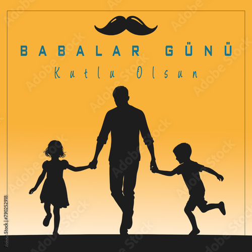 Babalar Günü or Father's Day vector illustration capturing , with a father walking hand in hand with his two children against a vivid orange backdrop, underlined by a playful mustache motif