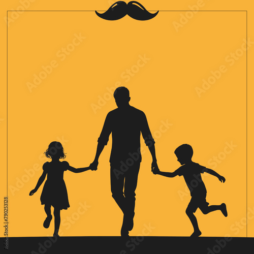 Father's Day vector illustration capturing , with a father walking hand in hand with his two children against a vivid orange backdrop, underlined by a playful mustache motif