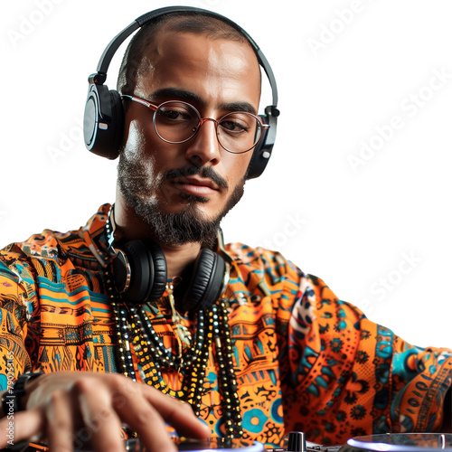 Stylish DJ mixing tracks with vibrant African attire