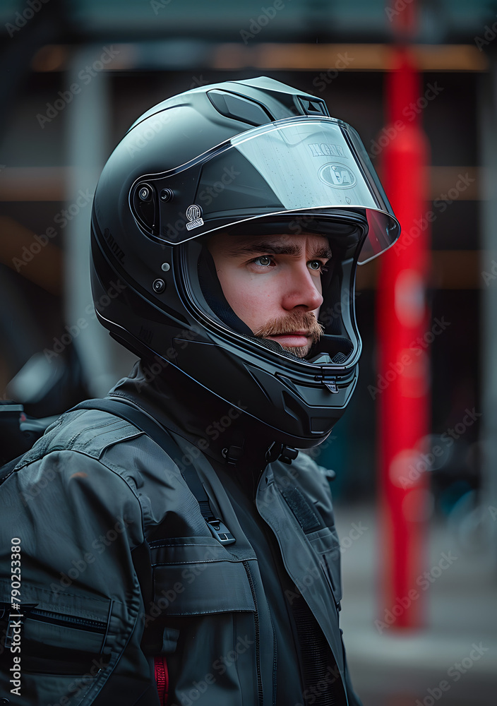 Portrait of a biker wearing black helmet, Safety Concept.