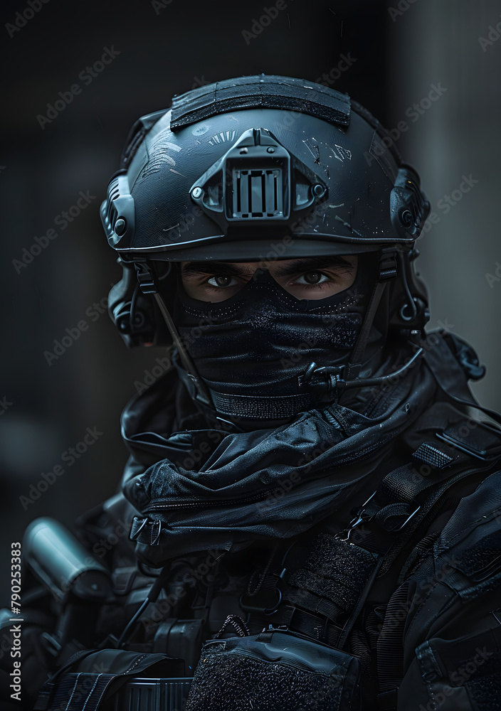 Portrait of a Special forces soldier in black tactical suit.