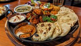 Indian food set on a wooden table in a restaurant