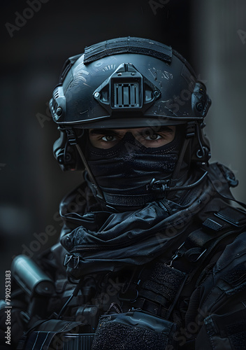 Portrait of a Special forces soldier in black tactical suit.