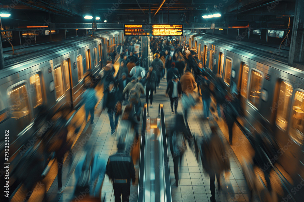 Motion blur of people walking in subway train station at rush hour, City life