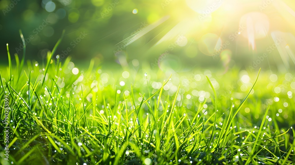 Fresh Green Grass in Sunlight: Vibrant Summer Spring Morning Nature Scene