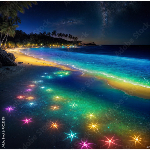 Most Beautiful Beach with neon lighted Star Fishes  4K Wallpaper  Fantasy  fantasy beach  beauty of night  starry night 