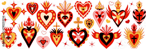 Mexican sacred hearts set, spirit mystical miracles symbol. Heart milagro. Day of the dead Dia de los Muertos holiday. Vector illustration