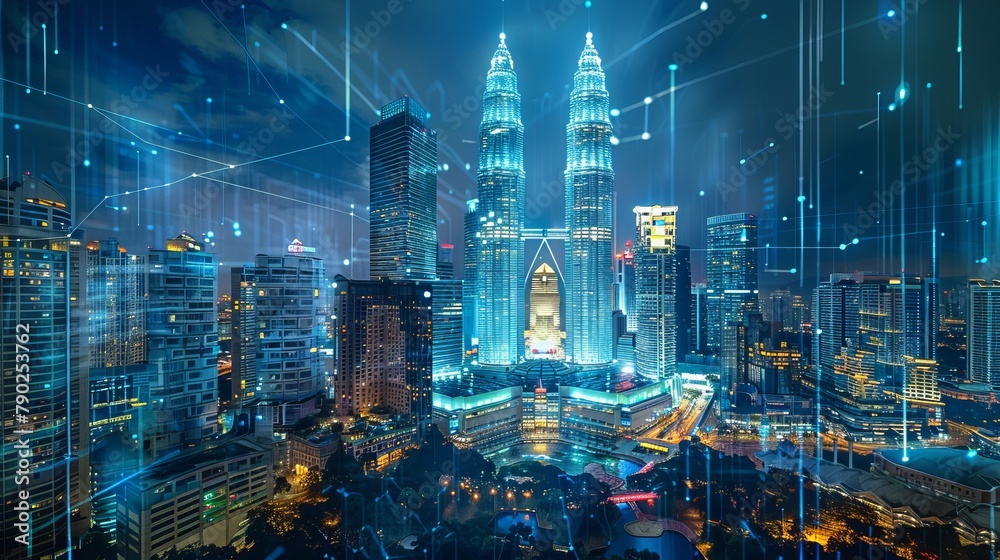 Holographic information flow with a nighttime panorama of Kuala Lumpur's cityscape. The biggest technology hub in Malaysia, Asia, is KL. The notion of scientific programming. Double exposure