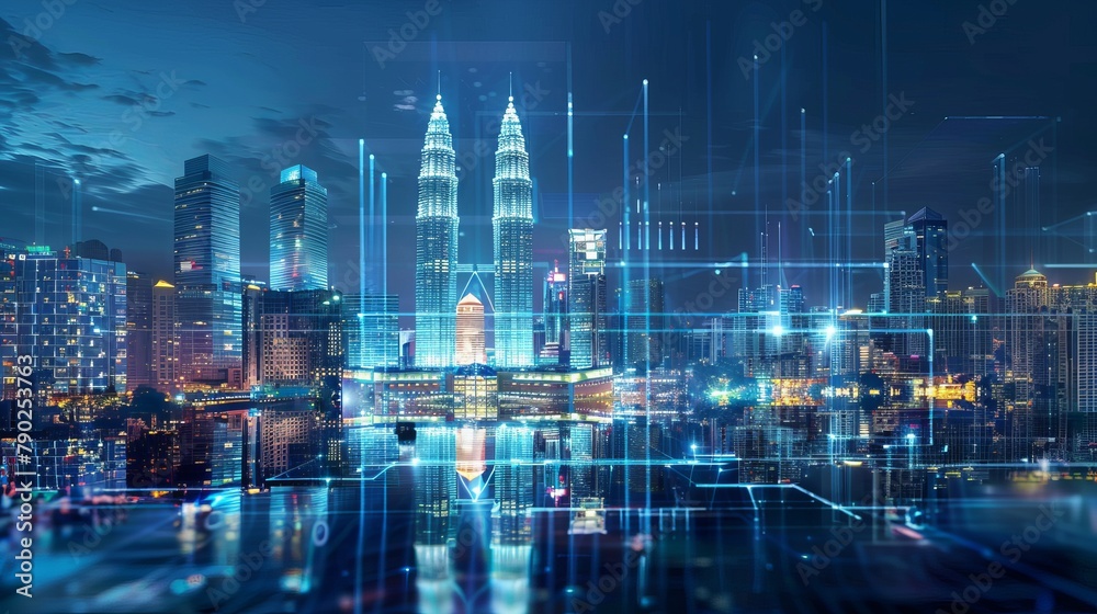 Holographic information flow with a nighttime panorama of Kuala Lumpur's cityscape. The biggest technology hub in Malaysia, Asia, is KL. The notion of scientific programming. Double exposure