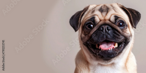 Dog pug,winks,with a big smile. Funny, cute and playful pug dogsitting on a white background.Studio shot of funny pug dog, isolated on grey.