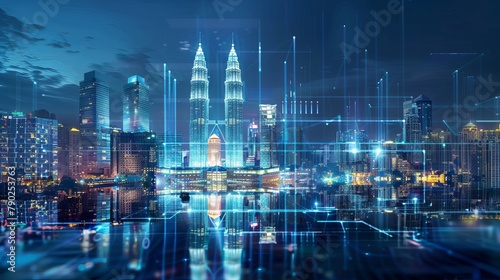 Holographic information flow with a nighttime panorama of Kuala Lumpur s cityscape. The biggest technology hub in Malaysia  Asia  is KL. The notion of scientific programming. Double exposure