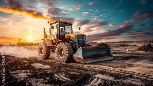 Industrial Power in Action: Bulldozer on Construction Site at Sunset. Dramatic Sky, Heavy Machinery Work. AI photo
