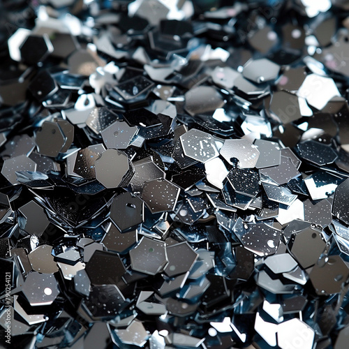 silver metallic confetti, closeup of confetti