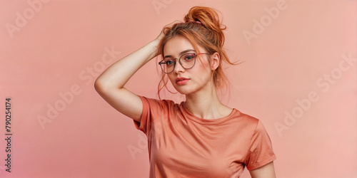 Young woman over isolated biege background with glasses and smiling. Portrait of cheeky and cute glamour blond woman in glasses combed hair and  winking happily showing  gesture as fool