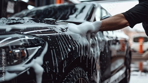 Using a hand cotton duster, a man cleans a black car with soap suds.