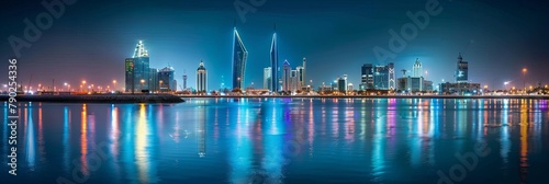 MANAMA, BAHRAIN - Nighttime panorama of the World Trade Center, Bahrain Financial Harbour, and famous buildings in Manama