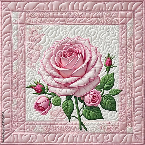 A beautiful quilted large pink rose in full bloom surrounded by smaller rosebuds and green foliage