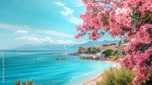 Mediterranean Resort Town: Beautiful Beachscape with Blooming Oleander and Azure Horizons