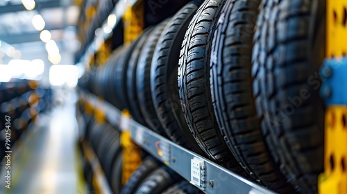 Automotive tires lined up in a row in a warehouse. Car maintenance and sales concept. Detail-focused capture of rubber tires. Suitable for automobile industry representation. AI