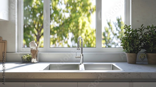 Kitchen window next to a contemporary double-bowl sink