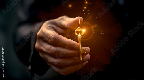 Businessman holding glowing key in dark setting. Concept of opportunity, access and discovery. Mystery, magic, and inspiration visual metaphor. AI