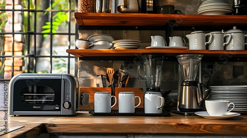 Modern kitchen counter toaster, coffee maker, and utensils photo