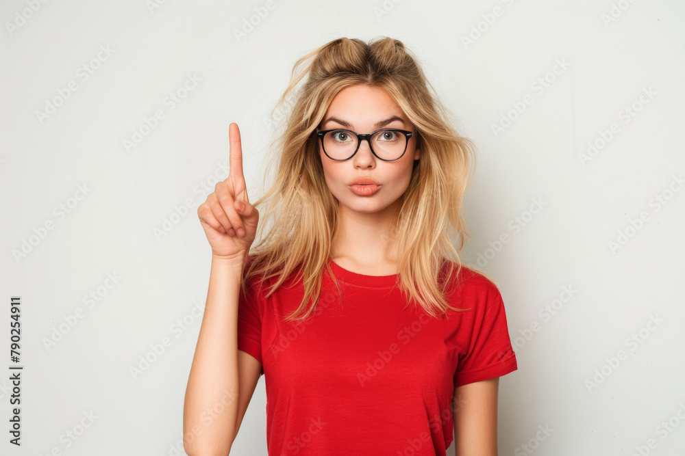 A young beautiful woman in a red t-shirt raises her index finger up. One. On a gray background. A young beautiful woman in a red t-shirt raises her index finger up. One. On a gray background.