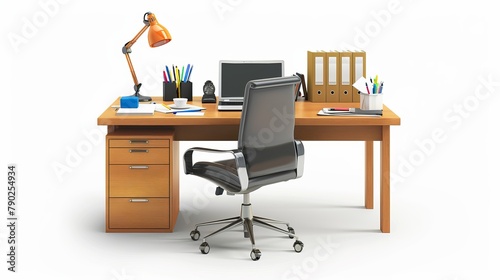 Isolated office with chair, laptop, and other office supplies on a white background