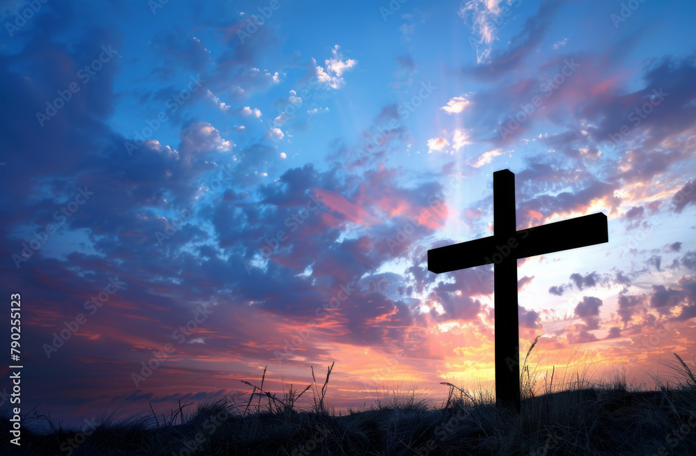 Clouds, sunset and cross for religion, spiritual and faith with silhouette and symbol for forgiveness. Compassion, worship or countryside with Christianity, resurrection and holy with Easter or field