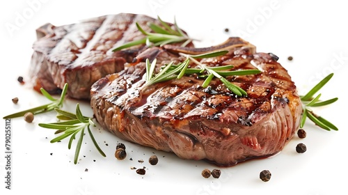 Grilled steak seasoned with spices and fresh rosemary. Delicious barbecue meal for food advertising or recipe blog. High-quality stock food photography. AI