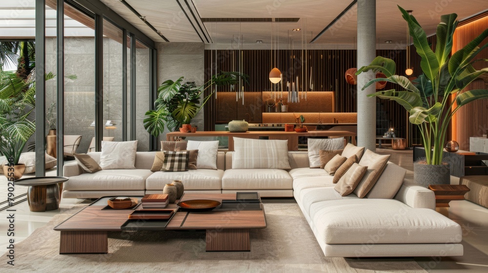 Elegant Modern Living Room with Natural Wood Accents. Elegant Modern Living Room with Natural Wood Accents.