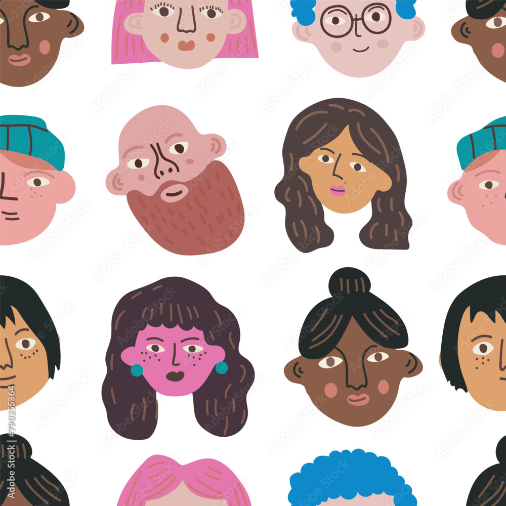 Portraits of various man and women. Hand drawn illustration. Seamless pattern Portraits of various man and women. Hand drawn illustration. Seamless pattern