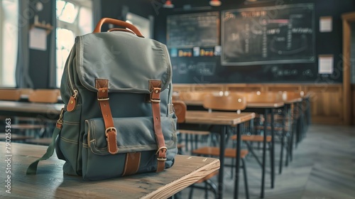 School classroom. A student's desk in the classroom has a brand-new school bag. Large canvas backpack on the table in a spacious, contemporary classroom featuring a chalkboard. Back to school concept  photo