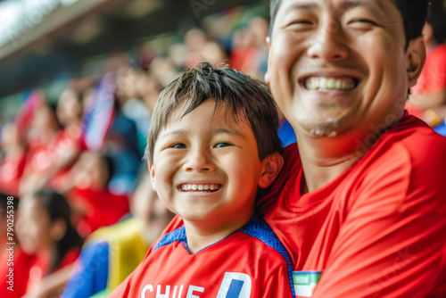 Chilean football soccer fans in a stadium supporting the national team, father and son, La Roja 