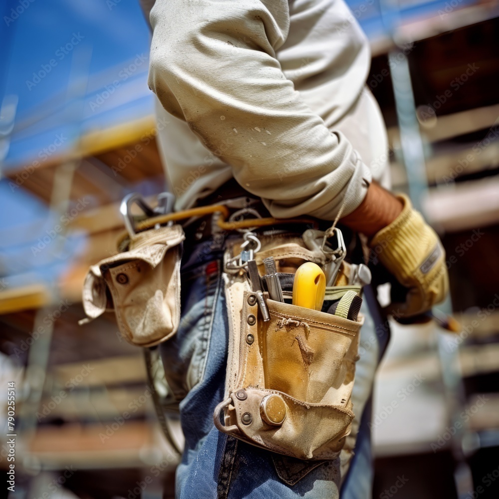 A construction worker's tool belt filled with various tools at a bustling construction site.