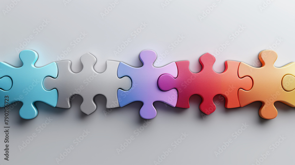 Obraz premium Interlocking puzzle pieces in a row transitioning in color from blue to orange against a gray background.