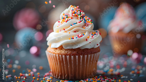 A mouthwatering cupcake  with sprinkles scattered around as the background  during a birthday party