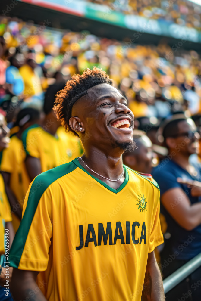 Jamaican football soccer fans in a stadium supporting the national team, The Reggae Boyz
Jamaican football soccer fans in a stadium supporting the national team, The Reggae Boyz