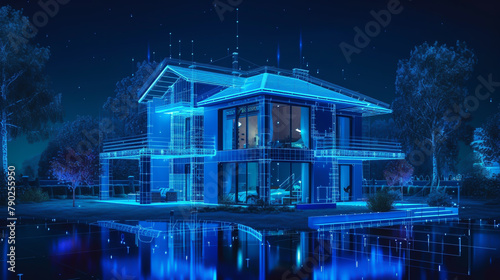 virtual technology concept house of blue lights at night stock photo,