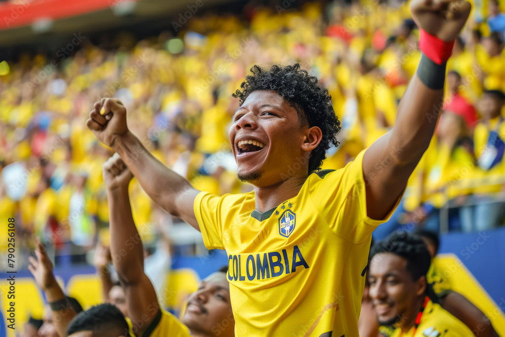 Colombian football soccer fans in a stadium supporting the national team, Los Cafeteros
