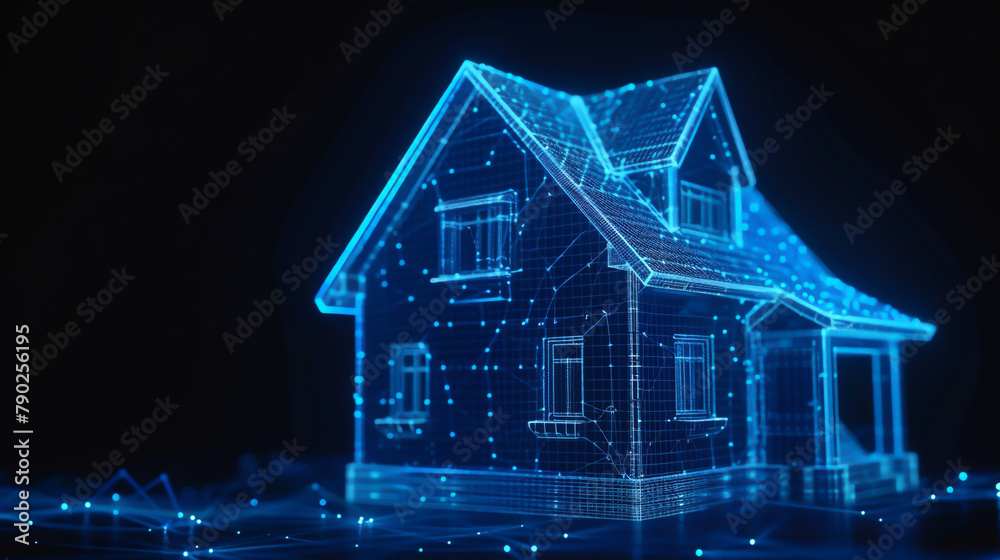 Digital hologram of an entire house with glowing blue lines, representing the use of technology in home construction Digital hologram of an entire house with glowing blue lines, representing the use of technology in home construction